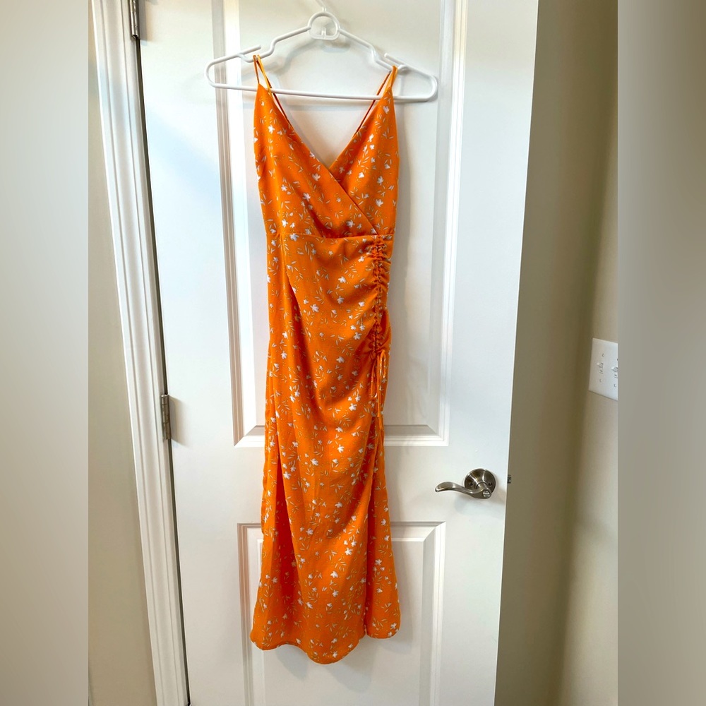 Endless Blu orange ruched midi dress